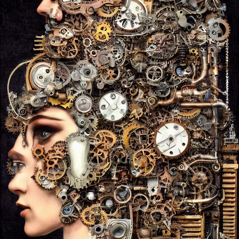 Image similar to profile portrait of a woman, computer parts, mechanical parts, by giuseppe arcimboldo, steampunk, cyberpunk, futuristic, psychedelic, surreal, sci - fi, vaporwave, alien, dreamlike.