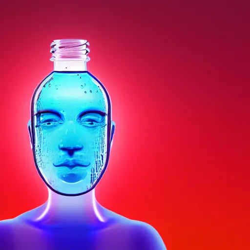 Image similar to water artwork in the shape of a human head stuffed in a bottle, on the ocean water, futuristic, glowing, gradient, hyper realistic, ray tracing, realistic water, sharp focus, long shot, 8 k resolution, cinematic, photoshop water art