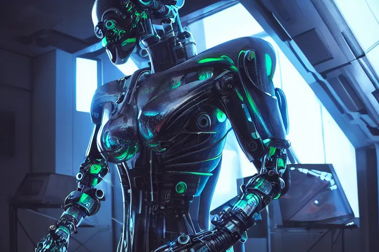 Image similar to cyberpunk alien concept inspired robot, futuristic look, highly detailed body, very powerful, photorealistic camera shot, bright studio setting, studio lighting, crisp quality and light reflections, unreal engine 5 quality render