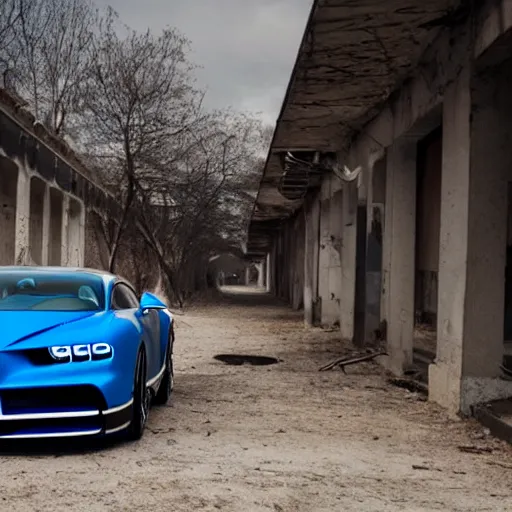 Prompt: an abandoned bugatti chiron in a post - apocalyptic city