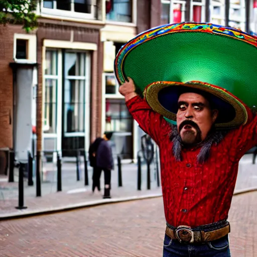 Image similar to mexican man wearing a sombrero looking confused in amsterdam, pixar