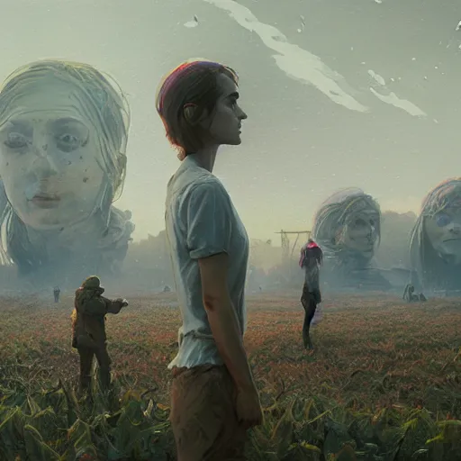 Prompt: a farm of human heads that look like Emma Watson, Simon Stalenhag, beeple, Wadim Kashin, 4K, cinematic