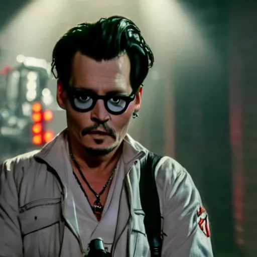 Prompt: Johnny Depp as a Ghostbuster in the movie Ghostbusters movie still 8k hdr moody lighting