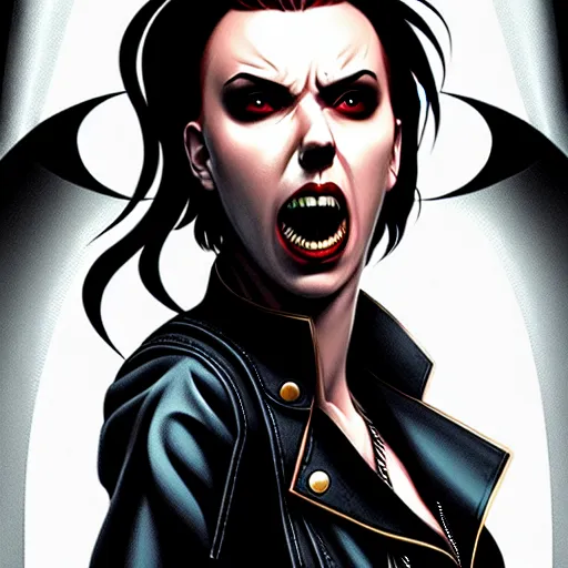 Image similar to rafael albuquerque comic art, peter mohrbacher, steve niles, artgerm, pretty scarlett johansson vampire sharp vampire teeth open mouth, symmetrical eyes, black leather jacket, jeans, long blonde hair