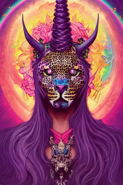Prompt: a portrait of the lisa frank church of satan, leopard print, rainbow unicorns, gothic, highly detailed, digital painting, crown of skulls, artstation, smooth, sharp focus, illustration, art by artgerm and greg rutkowski and alphonse mucha and william - adolphe bouguereau