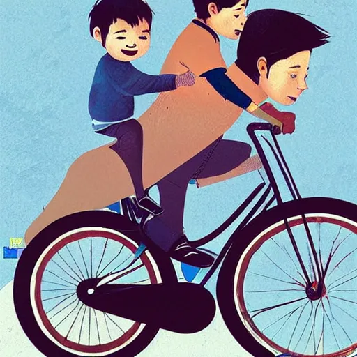 Image similar to a father helping his son ride a bike for the first time, flat graphic style, children's book illustration by Loish, Wenjun Lin