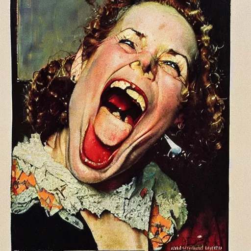 Image similar to Front portrait of a cackling punk woman. A painting by Norman Rockwell.