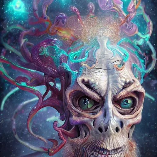 Image similar to a wlop 3 d render of very very very very highly detailed beautiful mystic portrait of a phantom undead flamboyant cuttlefish with whirling galaxy around, tattoos by anton pieck, intricate, extremely detailed, digital painting, artstation, concept art, smooth, sharp focus, illustration, intimidating lighting, incredible art,