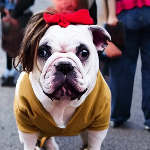 Image similar to a french bull dog dressed as eleven from stranger things