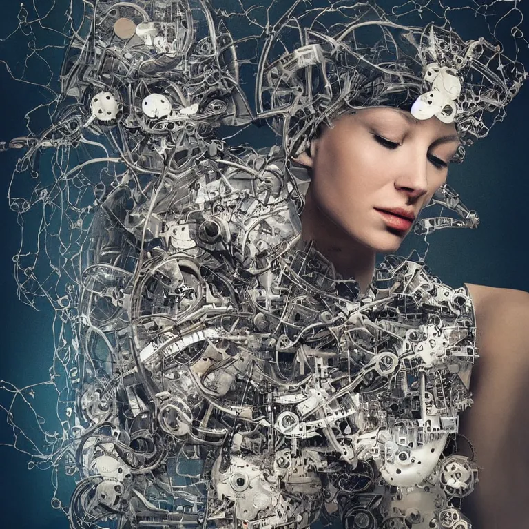 Prompt: “ symbiosis of woman and machine, hyper realistic abstract surrealism, detailed ”