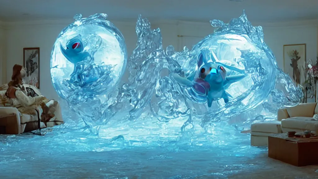 Prompt: a giant pokemon made of water and ice moves through the living room, film still from the movie directed by Denis Villeneuve with art direction by Salvador Dalí, wide lens