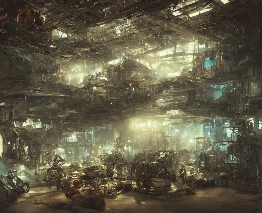 Prompt: the inside of a futuristic mechanic spaceshop, highly detailed interior, holographic screen in center frame by peter mohrbacher and craig mullins, dieselpunk, cyberpunk, firefly, cryengine render, hyper realism, realistic shading, cinematic composition, realistic render, octane render, detailed textures, photorealistic, wide shot, fanciful, colorful