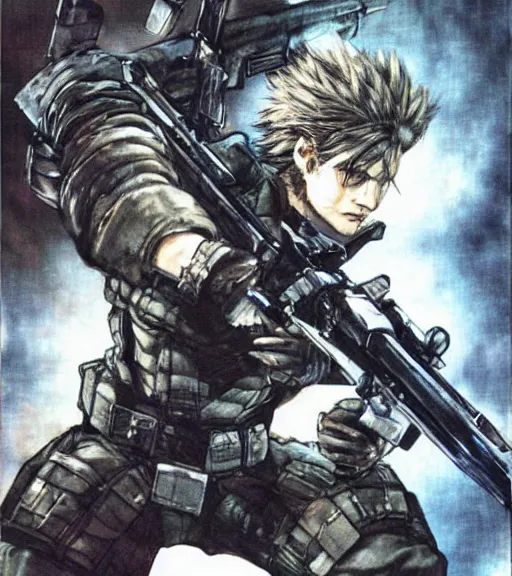 Prompt: solid snake by yoshitaka amano, final fantasy metal gear cover art