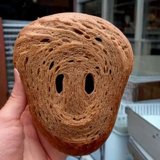 Prompt: bread that looks like a chocolate ice - cream with a face