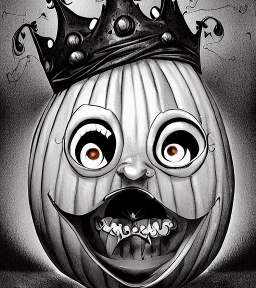 Image similar to a tim burton design of a pumpkin face with large eye bags, looks like a king, giant and fat, laughing, detailed game art illustration, menacing carved facial expression, creepy lighting, 4 k artstation, masterpiece