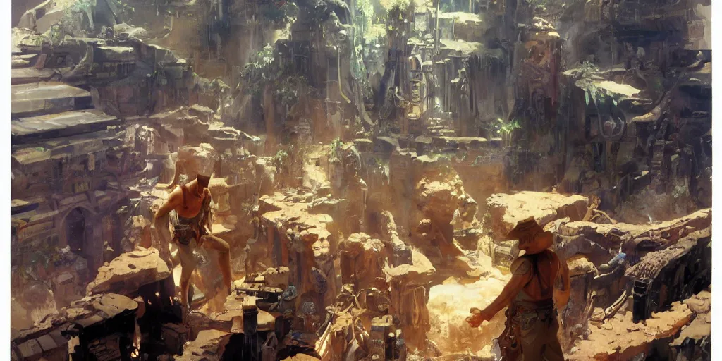 Image similar to a concept art of the Indiana Jones and the Fate of Atlantis videogame. By Craig Mullins and Ralph Mcquarrie