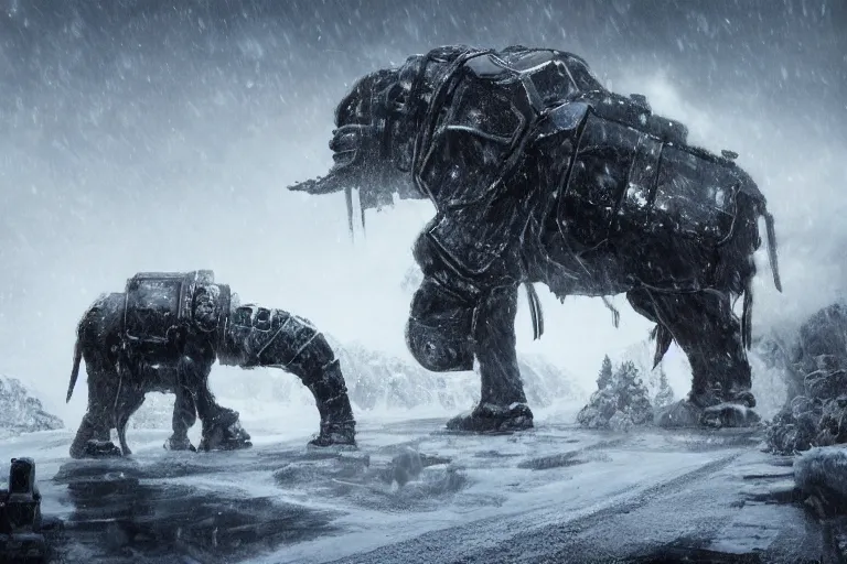 Image similar to a grand intricate futuristic black steam train next to a giant mammoth, post - apocalyptic ice landscape in snowstorm, concept art, artstation, highly detailed, digital art