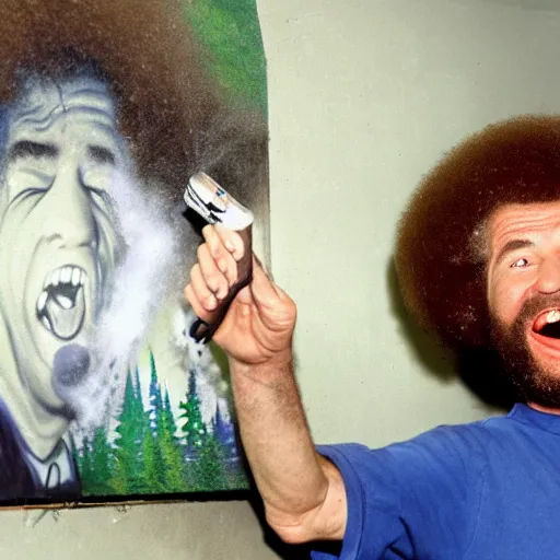 Image similar to bob ross screaming spray paint out of mouth