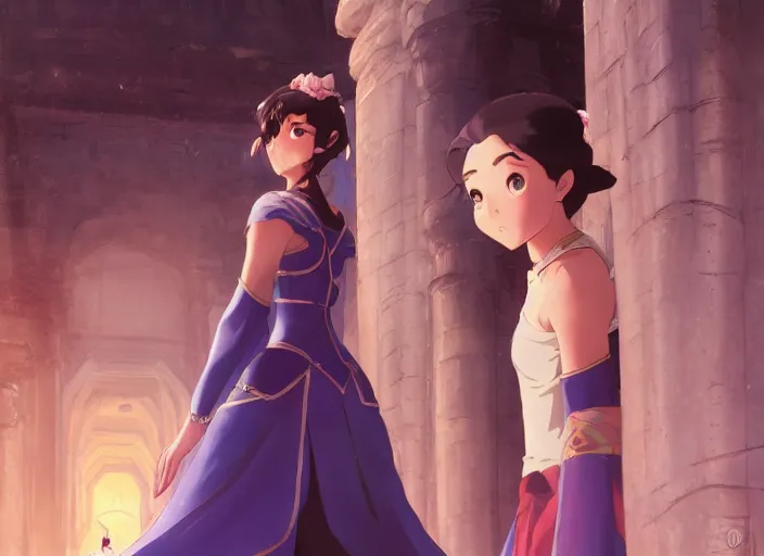 Prompt: full body portrait character concept art, oil painting anime key visual of princess jasmine, studio lighting delicate features finely detailed perfect face directed gaze, at an ancient city, gapmoe yandere grimdark, trending on pixiv fanbox, painted by greg rutkowski makoto shinkai takashi takeuchi studio ghibli