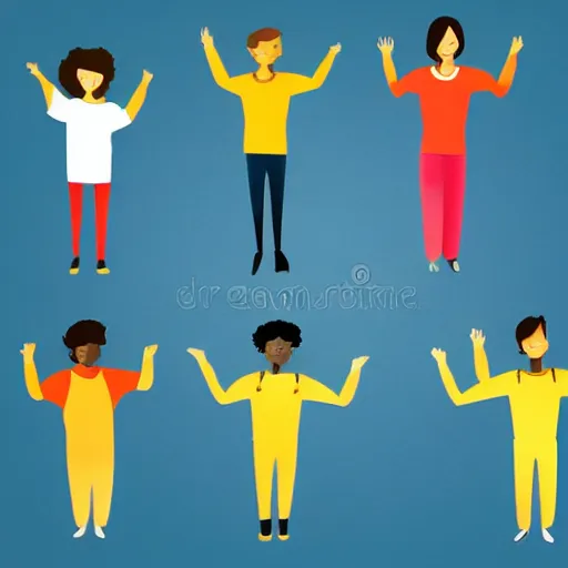 Image similar to team of 8 people vector illustration, no faces, hands raised in joy, vector illustration, white background