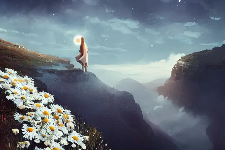 Image similar to giant white daisy flower under the head, girl standing on cliff, surreal photography, solar eclipse, milky way, dramatic light, impressionist painting, clouds, digital painting, artstation, james gilleard, liam wong, jeremy mann, simon stalenhag