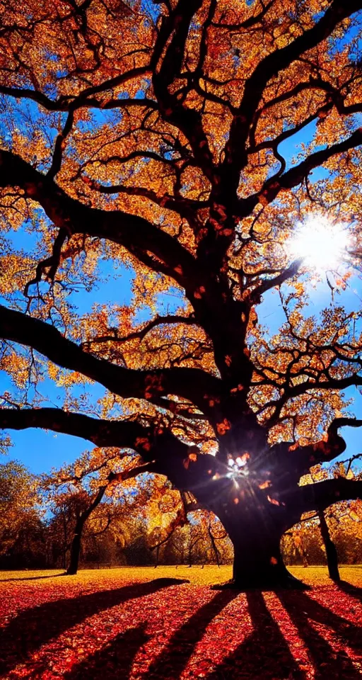 Prompt: beautiful ancient tree made of bone with crimson autumn leaves, melancholy autumn light, red leaves, white bone tree, atmospheric HD photograph, lens flare, depth of field