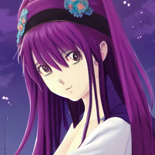 Prompt: anime full body illustration of a woman with purple hair wearing dark purple chinese outfit, her head is slightly tilted, medium shot, extremely detailed art, by ilya kushinov and makoto shinkai, matte illustration, character showcase art, 4 k, anime key visual, official illustration by kyoto animation, monthly top rankings on pixiv, trending on artstation, danbooru art