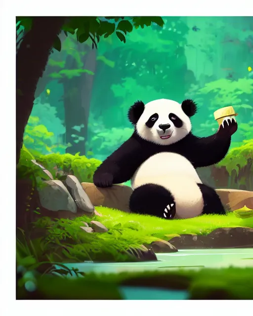 Prompt: a panda taking a bath in a spring with lush vegetation around, cory loftis, james gilleard, atey ghailan, makoto shinkai, goro fujita, character art, rim light, exquisite lighting, clear focus, very coherent, plain background, soft painting