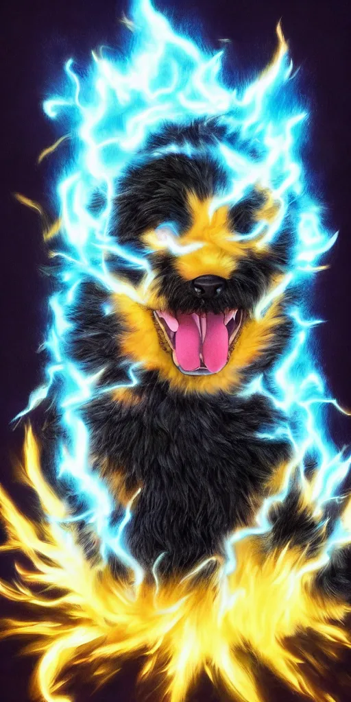 Image similar to a bernedoodle going super saiyan, studio ghibli lighting, very cute, art of the year, best art award, 8 k