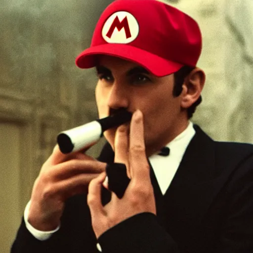 Image similar to Mario smoking in an A24 film aesthetic