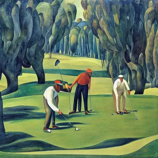 Image similar to Three golfers on a beautiful golf course, by Diego Rivera