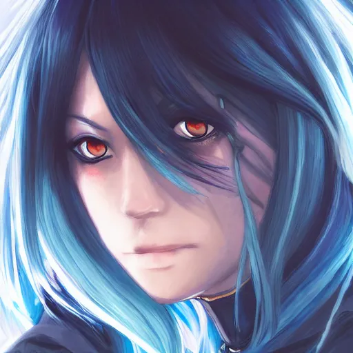 Prompt: full face shot of rimuru tempest, sky blue straight hair, long bangs, with amber eyes, wearing a fancy black jacket, high collar, beautiful, ultra detailed, brush strokes, digital painting, cinematic, wlop artstation, closeup, pixiv, intense, intimidating glare, photorealistic, overpowering, rossdraws, andy warhol,