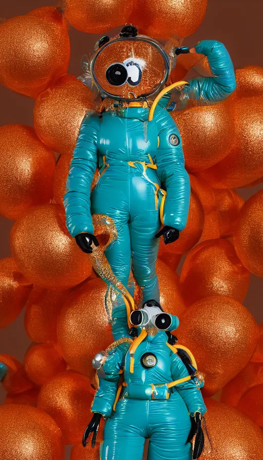 Prompt: a single striding slender figurine of a tall giant inflated diver woman wearing over sized gold teal puffy bomber jacket, long bendy arms and legs, googly eyes, tareme eyes, small head, personification, dynamic pose, detailed product photo, tone mapped, beautiful composition, orange mist swirling at feet, 8 5 mm, f 5. 8