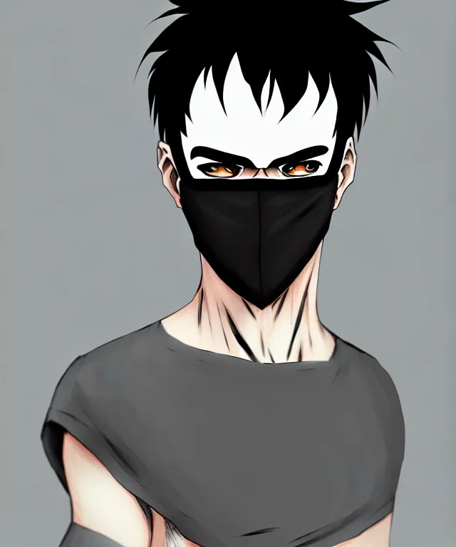 Prompt: white man with black fabric mask, short dark hair, true anatomy!, digital painting, style of akira anime