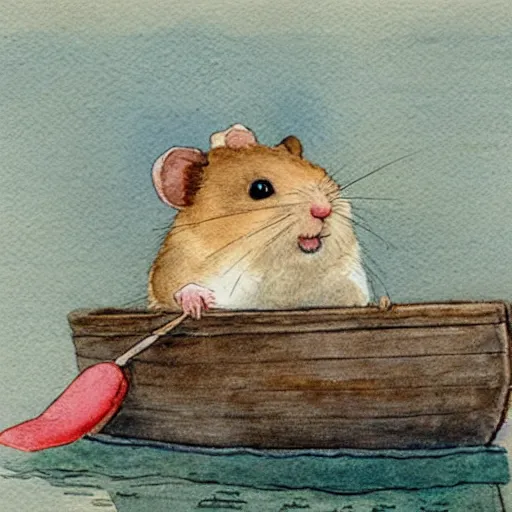 Image similar to a watercolor painting of a hamster in a boat by Beatrix Potter, behance, naive art, watercolor, storybook illustration, photoillustration