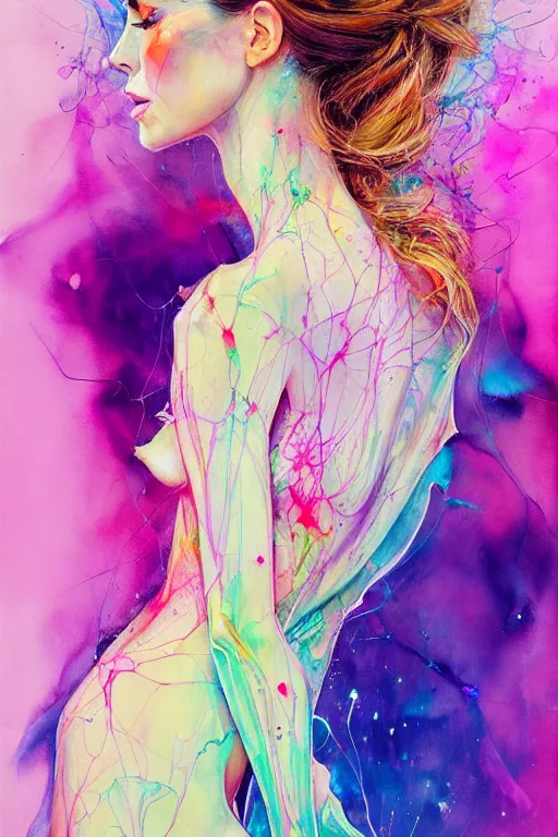 Image similar to sophia vergara by agnes cecile enki bilal moebius, intricated details, 3 / 4 back view, hair styled in a bun, bendover posture, full body portrait, extremely luminous bright design, pastel colours, drips, autumn lights