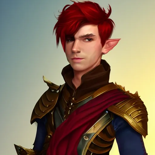 Image similar to character portrait, D&D, male half-elf, artificer, short red hair shaved on sides, white jacketed, half-plate armor, artstation, ultra detailed, in the style of terese nielsen