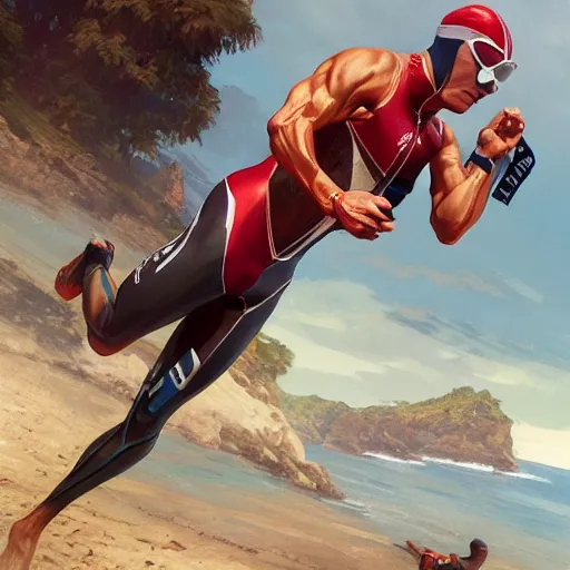 Image similar to a triathlete finishing ironman race, tired!!, dynamic action pose, intricate, highly detailed, digital painting, artstation, concept art, smooth, sharp focus, illustration, unreal engine 5, 8 k, art by artgerm and greg rutkowski and alphonse mucha