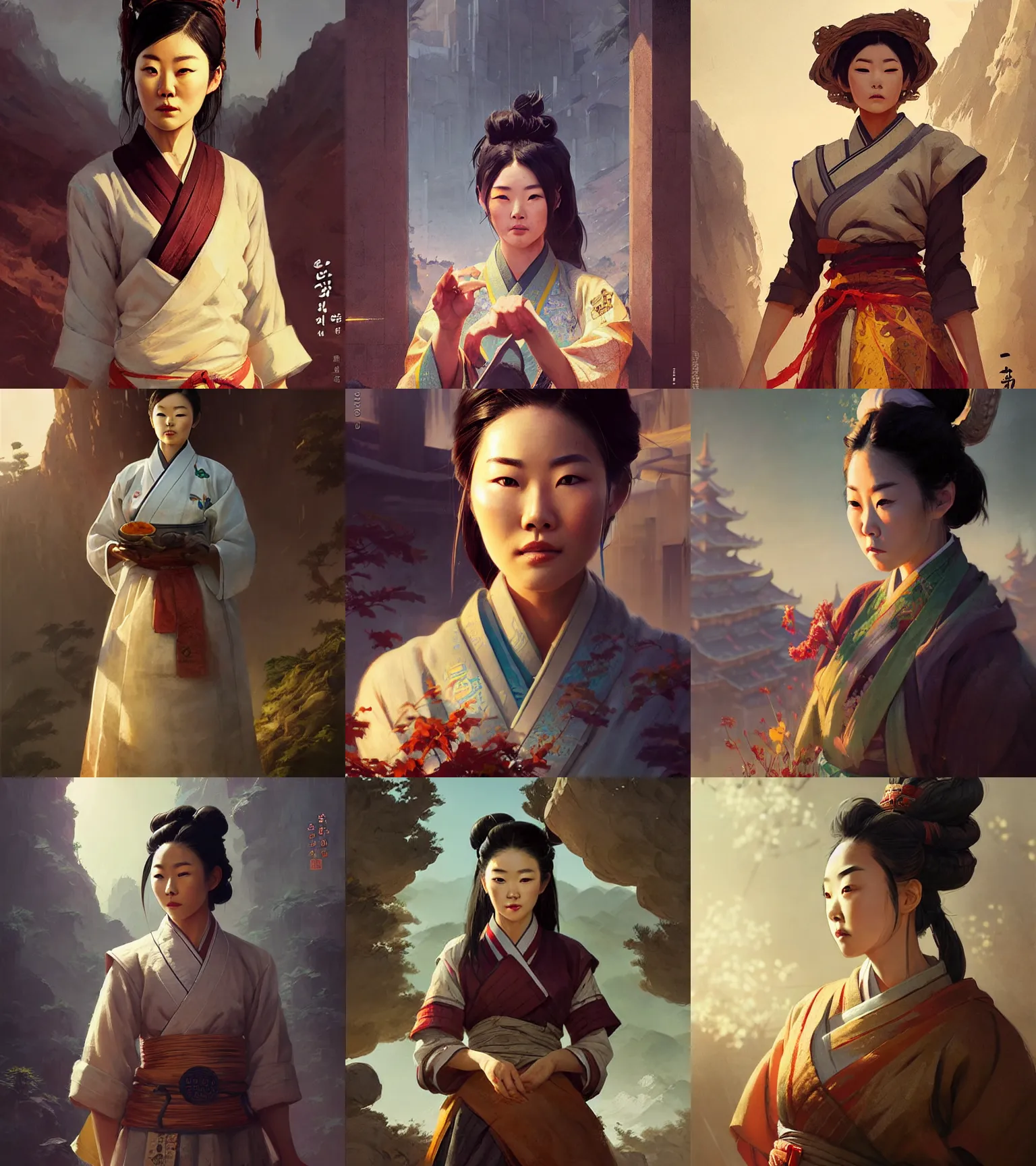 Prompt: a portrait of arden cho chef character in a scenic korean city environment by marco bucci and greg rutkowski and frank frazetta, sharp focus, detailed, cinematic, hanbok