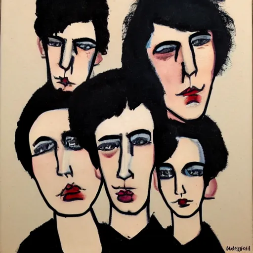 Image similar to a punk rock band in the style of modigliani