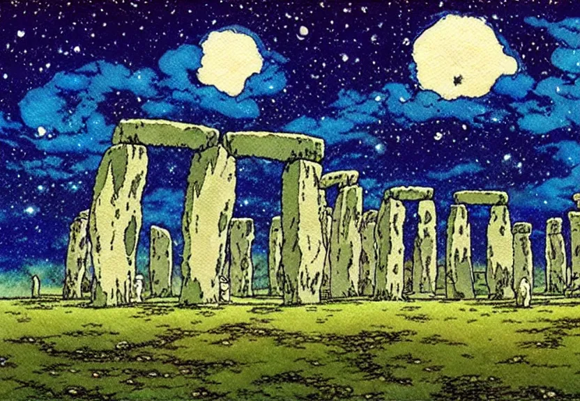 Prompt: a simple watercolor studio ghibli movie still fantasy concept art of stonehenge. a giant squid from princess mononoke ( 1 9 9 7 ) is in the sky. it is a misty starry night. by rebecca guay, michael kaluta, charles vess