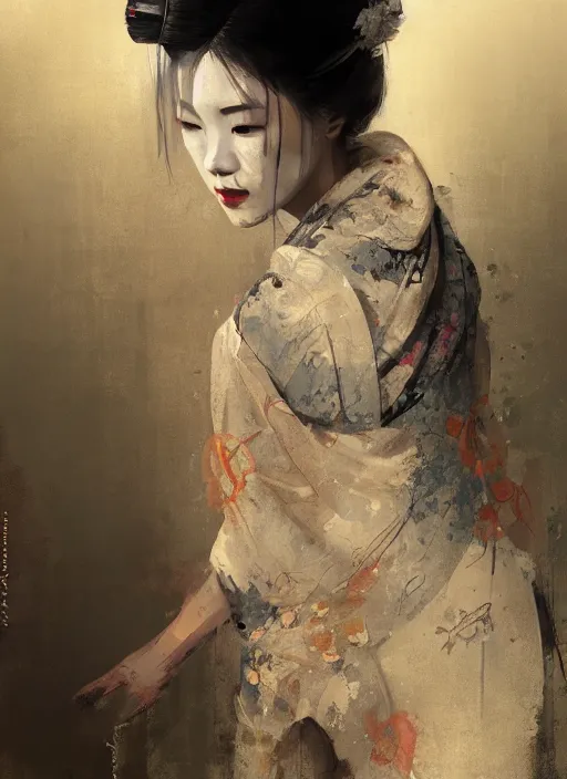 Prompt: female geisha girl, beautiful face, rule of thirds, intricate outfit, spotlight, by greg rutkowski, by jeremy mann, digital painting