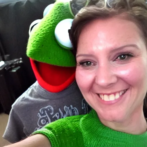 Prompt: kermit the frog selfie