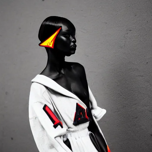 Prompt: very very beautiful dark black marble statue of a woman in the style of virgil abloh, colorful motocross logos on the wall behind her, sharp focus, clear, detailed,, cinematic, detailed, off white, heron preston, matthew williams, acronym, glamourous, symmetrical, vogue, editorial, fashion, magazine shoot, glossy