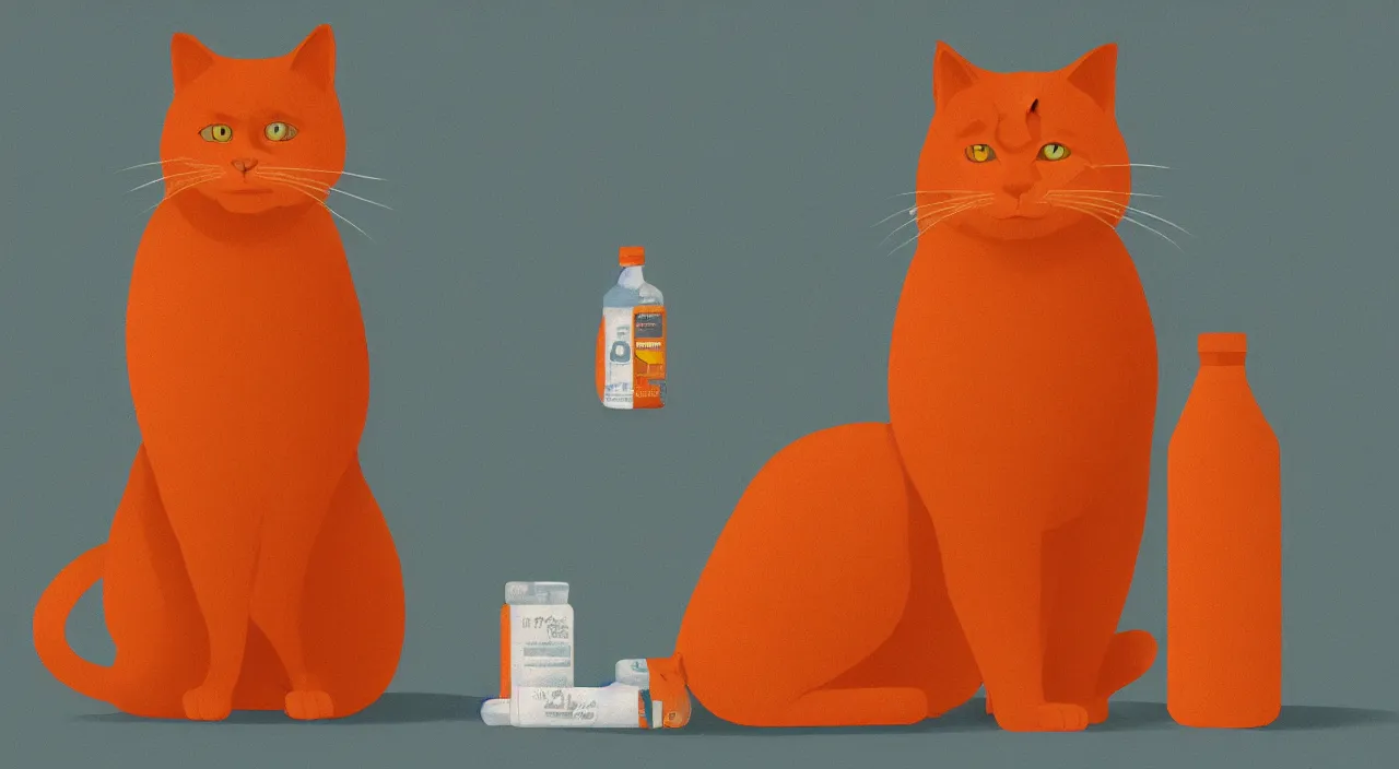 Image similar to a cat standing next to a bottle of medicine. orange cat. animal. digital art. artstation. illustration. wide image.