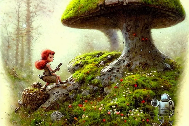 Image similar to adventurer ( ( ( ( ( 1 9 5 0 s retro future robot android mouse in forrest of giant mushrooms, moss and flowers stone bridge. muted colors. ) ) ) ) ) by jean baptiste monge!!!!!!!!!!!!!!!!!!!!!!!!! chrome red