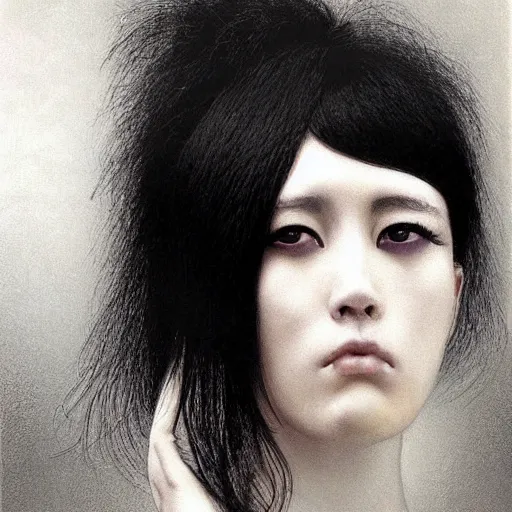 Prompt: A young woman with black and white hair looking disgusted away from the camera, Portrait by Noriyoshi Ohrai