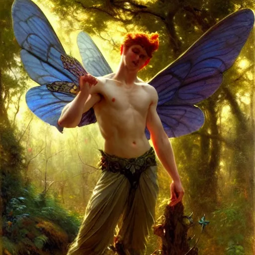 Image similar to attractive male fairy with wings in the forest, posing. highly detailed painting by gaston bussiere, craig mullins, j. c. leyendecker, 8 k