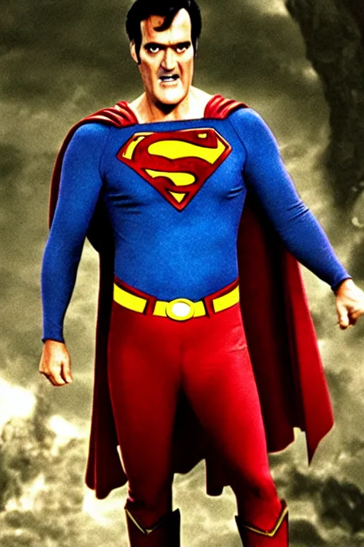 Prompt: bruce campbell playing superman in the evil dead