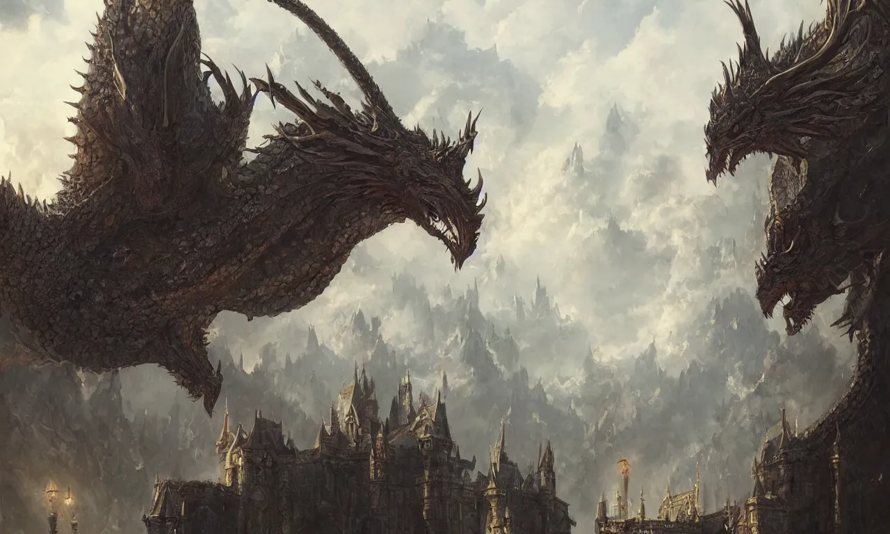 Prompt: dragon infront of a castle, illustration painting, oil on canvas, intricate, detailed illustration, hd, digital art, overdetailed art, concept art, detailed, illustration painting by greg rutkowski, digital art, overdetailed art, concept art,